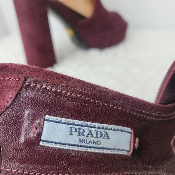 Prada Burgundy Plum Cut Out Womens Size 7 Suede Strapy Slingback Platform Heel - Picture 5 of 10